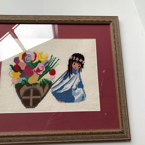 1970’s Framed De Grazia Needlepoint Native Girl with Basket of Flowers 18 x 15.2 - Picture 7 of 11